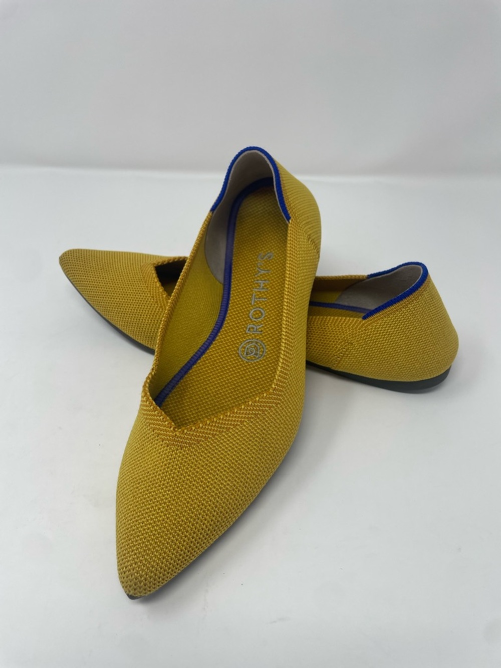 Rothy's the Point II Knit Flats in Mustard with Blue Trim